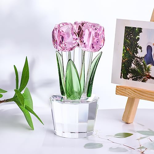 Qianwei Crystal Tulips Flowers Figurine Pink with Vase - Glass Flower Bouquet Collectible Figurines Crystal Office Home Decor Paperweight - Tulip Gifts for Women Mom Bestfriend Wedding Anniversary - color: Pink Tulip