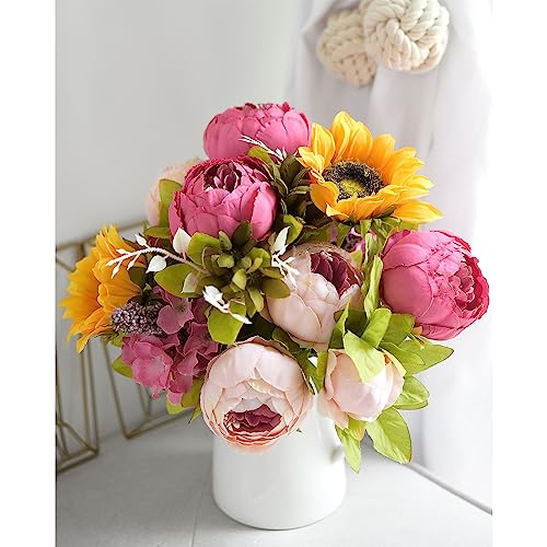 FiveSeasonStuff ''Country Cottage'' Silk Pink Peonies and Sunflowers Mix Flower Bouquet Artificial Flowers