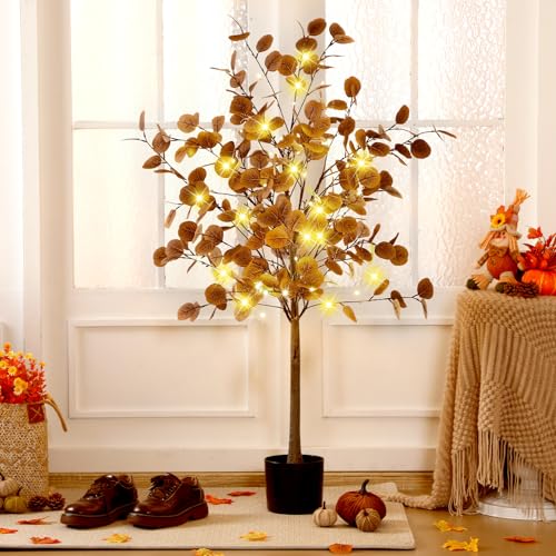 1 Pcs 4ft Lighted Fall Eucalyptus Leaves Branches Artificial Autumn Ficus Fall Long Silver Dollar Leaves Fake Silk Eucalyptus Stems with Lights Faux Tree Decor for Porch Front Outdoor - color: Yellow Brown