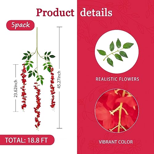 5 Pack Red Wisteria Hanging Flowers Garland, 3.77 Feet Artificial Flower Vines, Fake Wisteria, Artificial Vines Hanging Garland for Backdrop Outdoor Yard Garden Decor - color: Red, size: 5 PCS