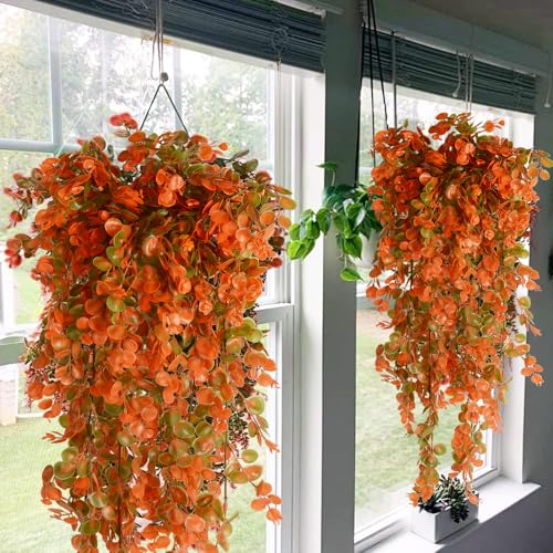 6pcs Artificial Hanging Fall Plants Fake Hanging Plant Faux Eucalyptus Leaf Greenery Vine Outdoor UV Resistant Plastic Plants (6, Fall Orange) - color: Fall Orange