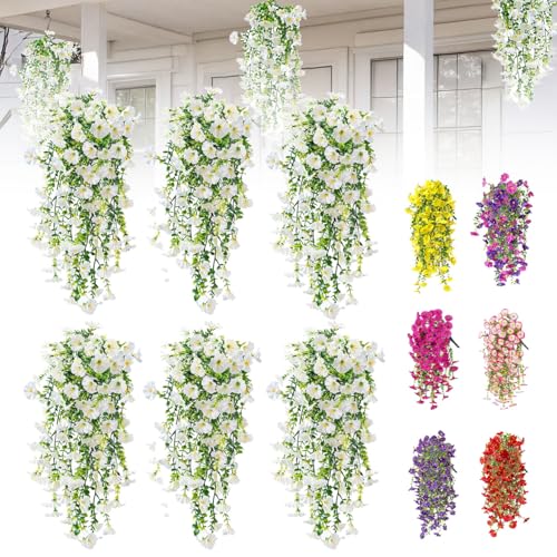 Artificial Flowers for Outdoors Fake Morning Glory Hanging Flower Decoration, 6 Pcs Realistic Faux Plants Petunias Trailing Vines, Spring Summer Decor for Porch Patio Balcony Planter Yard(White) - color: White, size: 6 Pcs