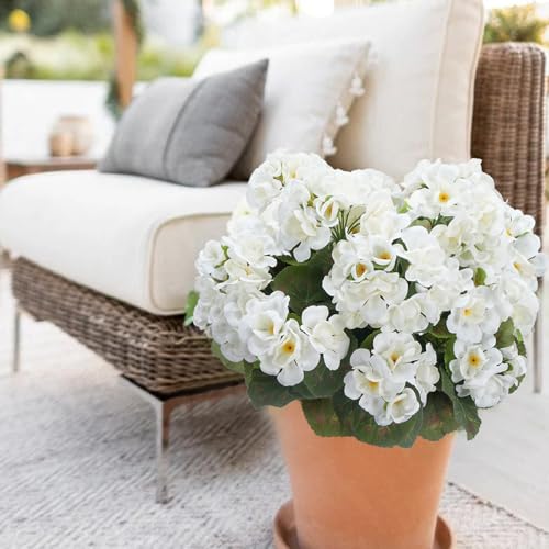 4Pcs White Geraniums Artificial Flowers Realistic 14" Silk Artificial Geraniums for Outdoors Flower UV Resistant Fake Flowers for Planters for Garden Porch Patio Balcony Cemetery Decor - color: White