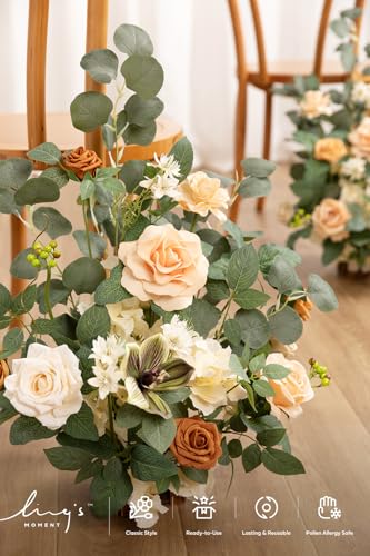 Ling's moment 17.5" Tall Standing Artificial Flowers Arrangements 2 pcs Wedding Aisle Runner Chair Decorations Apricot & Soft Peach Centerpieces for Ceremony Reception Rose Floral Party Outdoor - color: Apricot & Soft Peach