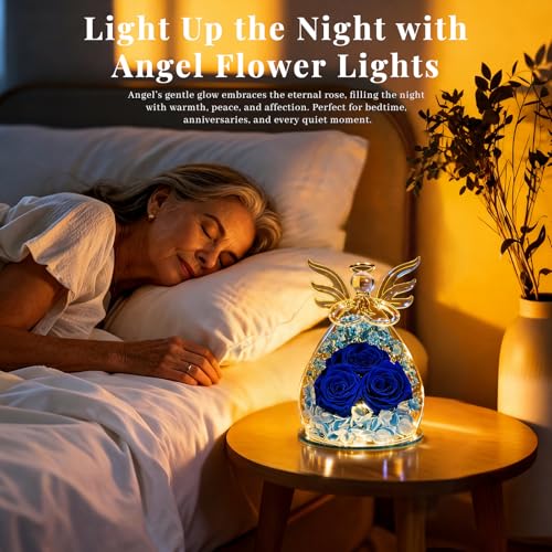Beferr Gifts for Mom Birthday Gifts for Women, Fresh Flowers for Delivery Forever Preserved Rose in Glass Angel Figurine, Anniversary Christian Real Rose for Grandma Wife Mother from Daughter Son - color: E Dark Blue