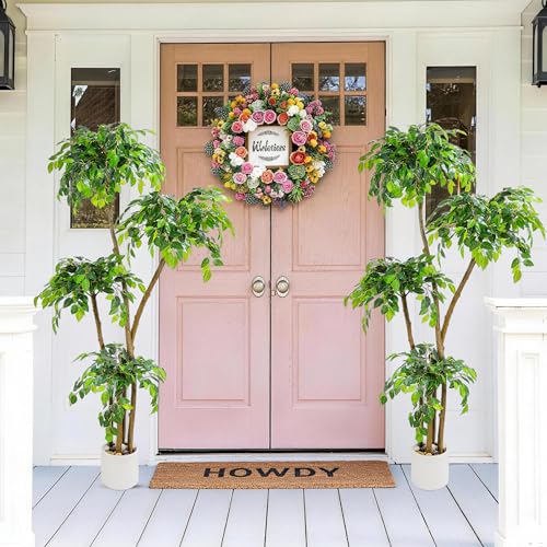 6FT Artificial Ficus Tree with White Planter and Pebbles,Faux Silk Tree with Lifelike Leaves and Realistic Trunk,Tall Fake Potted Plant for Home and Office Décor Indoor and Outdoor (6FT) - size: 6ft