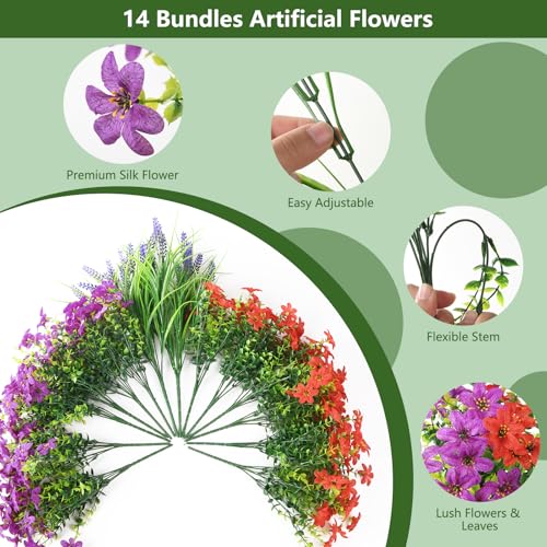 Artificial Flowers for Outdoors UV Resistant, 14 Bundles Fake Flowers Daisy with Lavender Faux Outdoor Plants Silk Flower for Outside Planters Patio Porch Window Garden Yard Spring Summer Decoration - color: Fuchia Red