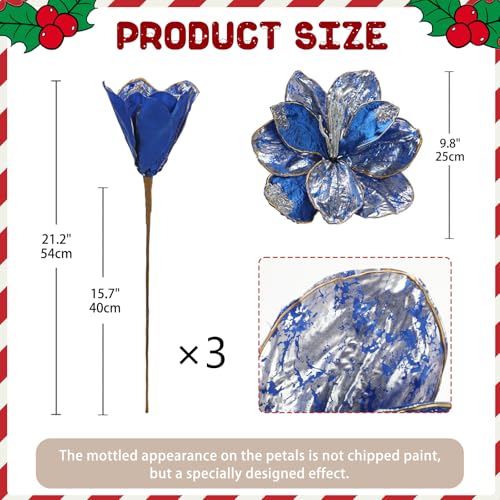 Briful 3PCS Magnolia Artificial Christmas Flower 21.2" Blue Fake Magnolia Flower Stems with Specially Designed Mottled Petals Christmas Tree Flowers for Holiday Wreath Garland Xmas Decor - color: Blue Silver