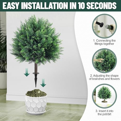 Artificial Cedar Christmas Topiary Ball Trees with Ground Spike, 2 Pack UV Resistant Artificial Shrubs Bushes, Fake Plants for Outdoor Front Porch Garden Decor - color: 2 Pack 23" Cedar
