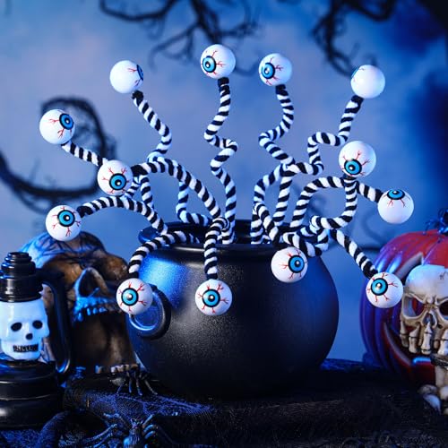Wavwavw 12 Pcs Halloween Eyeball Picks Halloween Floral Picks 10 Inch Branch Green Decoration Stems Props Decor for Home Office Party Indoor Gifts(Black and White) - color: Black and White