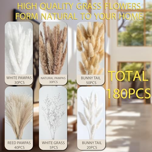180 Pcs Pampas Grass Decor | Natural Dried Flowers | Boho Dried Floral Arrangement Centerpiece Table Decor Wedding Rustic Decor - size: 180PCS