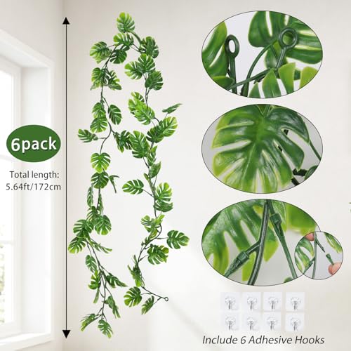 RECUTMS 6Pcs Artificial Monstera Leaf Vines, 5.9FT Faux Tropical Monstera Garland Fake Hanging Plant Ivy Palm Leave Greenery Vine for Garden Porch Patio Jungle Luau Party Birthday Indoor Outdoor Décor - color: Monstera Leaf Vines 6pcs