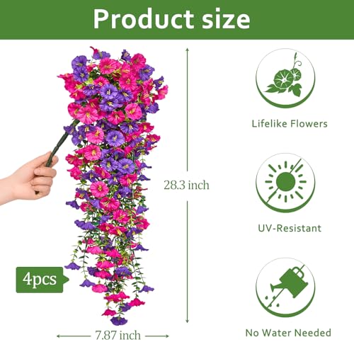 Serwalin Artificial Hanging Flowers for Outdoors Decoration, 4PCS UV Resistant Silk Artificial Fake Plants Outdoor for Porch Patio Balcony Indoor Planter Yard Decor (Purple&Rose Pink,4PCS) - color: Purple&rose Pink