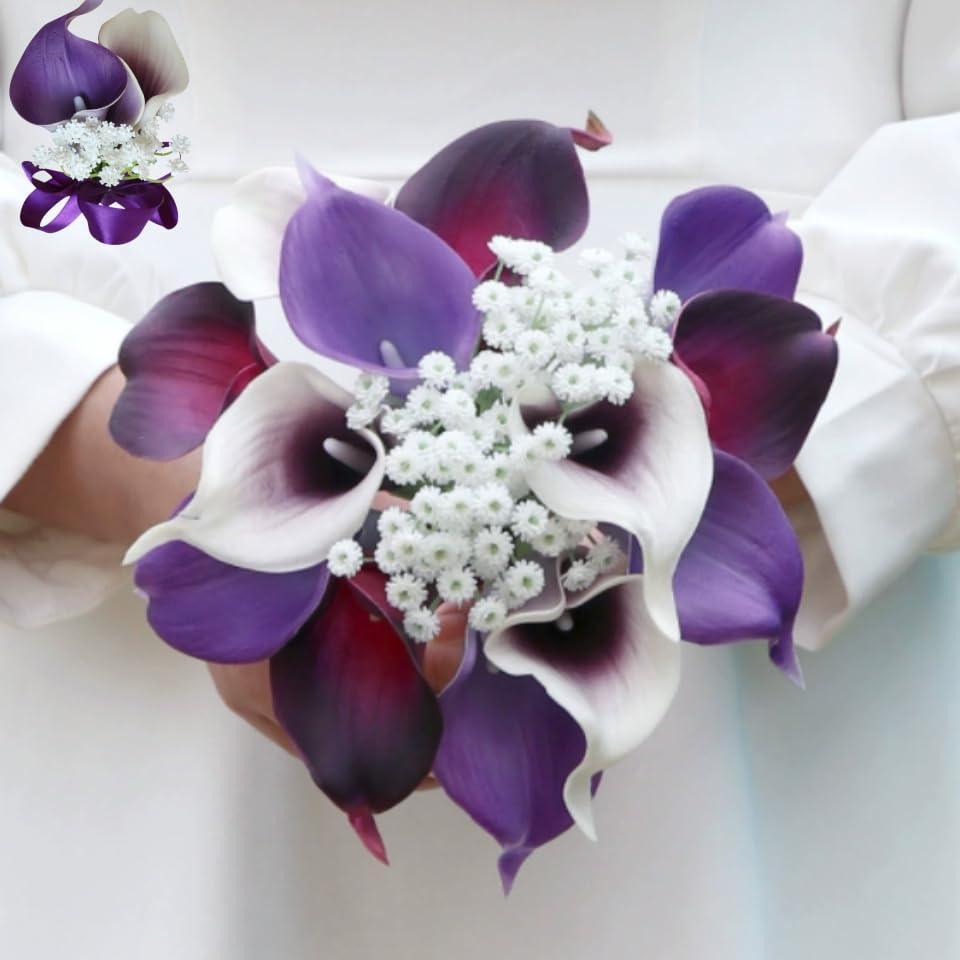 15pcs Artificial Flower Calla Lilies with Babys Breath 14" Mix Purple Flowers Bulk, Real Touch Plastic Flower for Wedding Bridal Bouquet Centerpiece,Spring Mother's Day Easter Home Decor