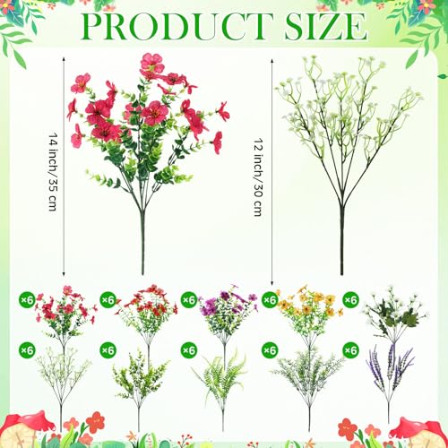 Thiccywoov 60 Pcs Artificial Outdoor Flowers UV Resistant Faux Plastic Plants Bulk Mixed Lavender Baby's Breath Eucalyptus Daisy Greenery Stems for Garden Patio Porch Window Box Home Wedding Decor