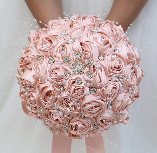 Ujicde Romantic Wedding Bouquet Bridal Bridesmaid Round Bling Brooch Bouquet Throw Toss Artificial Rose Flower Bunch with Sparkle Rhinestone Crystal Decoration(Peach Pink,Dia. 6.3"*16cm) - color: Peach Pink, size: Dia. 6.3"*16cm