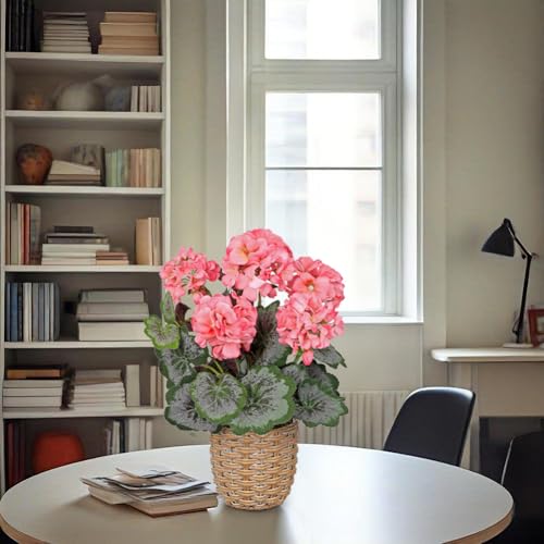 Briful Artificial Pink Geranium Flowers in Woven Basket, 14.5’’ Tall Silk Flower Arrangement, Realistic Geraniums Artificial Outdoor Plants for Home Indoor Farmhouse Table Wedding Centerpiece Decor - color: 14.5'' Tall Pink, Woven Basin