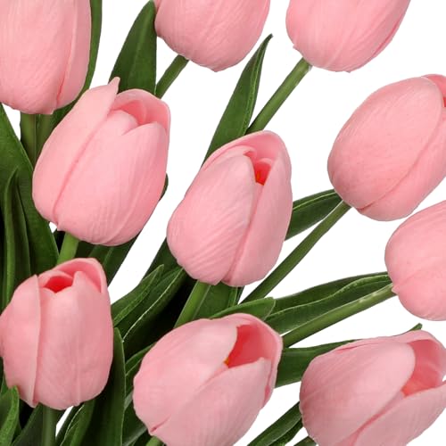 20 Pcs Pink Tulips Artificial Flowers Real Touch Fake Tulips Fake Flowers for Mother's Day 13.5" Faux Tulips Faux Flowers Bulk Artificial Tulips Flowers for Vase Centerpieces Home Wedding Bouquet - color: Pink #20