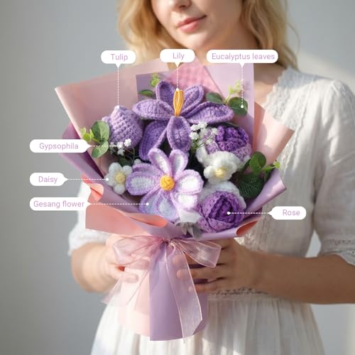 Crochet Flower Bouquet, Purple Handmade Knitted Flowers with Lights & Vase Crochet Tulips Galsang Liliy Rose Daisy Flower for Mothers Day Graduation Wedding Lover Teacher Anniversary Birthday Gift - color: Purple
