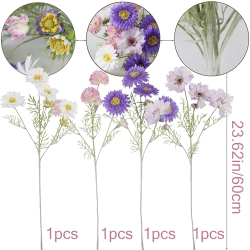CISDUEO 4 Pcs Artificial Wildflowers Fake Cosmos with Long Stem Silk Flower Chrysanthemums Artificial Flowers Arrangements for Wedding Bridal Bouquet Table Centerpiece Outdoor Summer Spring Decor - color: Purple, White, Pink