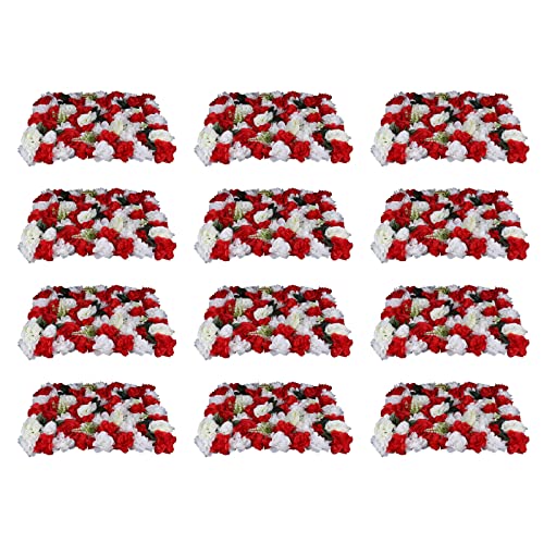Flower Wall Panel Floral Backdrop,12 Pack Champagne Flower Wall Decor,Silk Rose Wall, Artificial Flowers Backdrop Faux Flowers Panel for Wedding - color: 12 Pcs Red