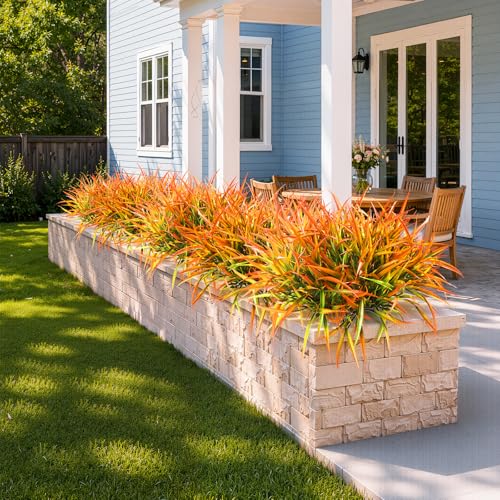 Uieke 6 Bundles Artificial Outdoor Plants UV Resistant Fake Grass Plants Faux Plastic Plants Greenery Shrubs for Home Garden Pathway Window Box Front Porch Summer Fall Decor, Autumn Orange - color: Orange Yellow, size: 6