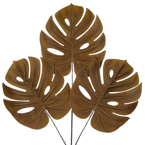 DILATATA Artificial Monstera Leaves with Stems 30" Fall Faux Tropical Leaf Orange Silk Monstera Leaves Fake Palm Branches for Home Fireplace Farmhouse Centerpieces Thanksgiving Wedding Autumn Décor - color: 30" Monstera#orange Silk 3pcs