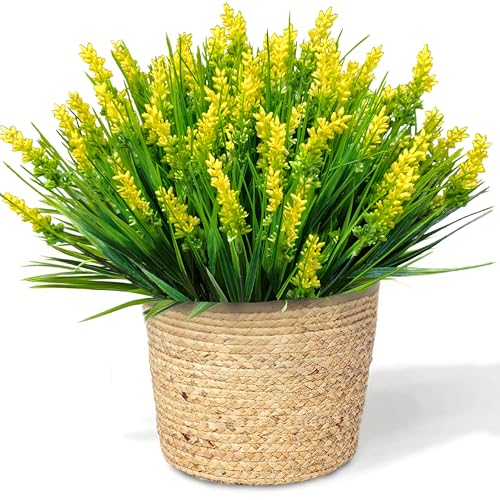 12 Bundles Artificial Plants Outdoor Fake Monkey Grass UV Resistant Faux Bushes with Fake Flowers Greenery for Home Front Porch Pathway Spring Summer Decor Garden Indoor Outside (Yellow) - color: Yellow