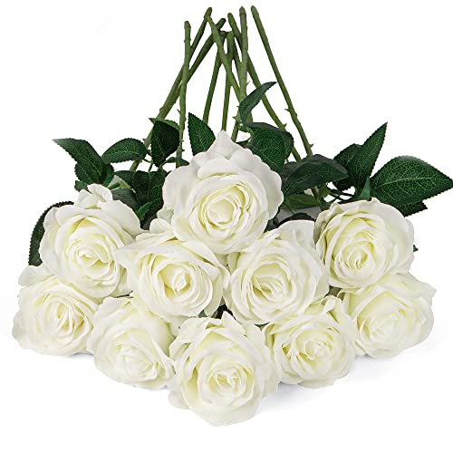 10pcs White Silk Roses Artificial Rose Flowers Long Stem for DIY Wedding Bouquet Table Centerpiece Home Décor - color: X-white