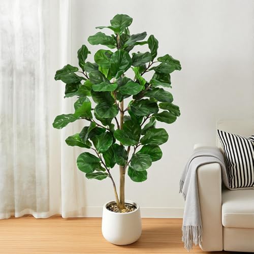 Faux Fiddle Leaf Fig Tree 5ft Tall Indoor Fake Tree in White Pot with 70 Leaves Artificial Ficus Lyrata House Plant for Indoor Home Office Bedroom Living Room Decor Perfect Housewarming Gift - size: 5ft