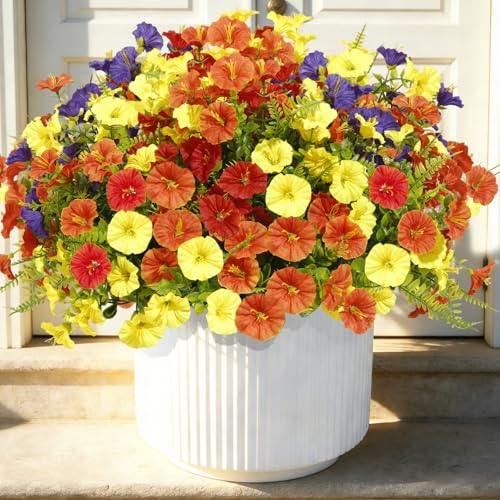 Artificial Morning Glory UV Resistant Outside 36 pcs 4 Colors Garden Artificial Flowers Outdoors, Realistic Faux Silk Morning Glory Fake Morning Glory Plants for Porch Planters Window Wedding Decor - color: Red ＆yellow ＆ Orange ＆purple（with Green Ferns）,