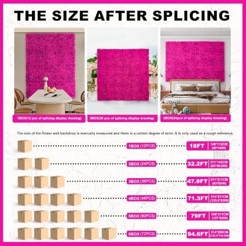 Flower Wall Backdrop 12pcs 16.5x16.5 Inch Floral Wall Panel Artificial Silk Rose Wall Decor Ideal for Wedding Celebrations, Festive Party Backdrops, and Home Decor-Bright Pink - color: Bright Pink, size: 16.5inch
