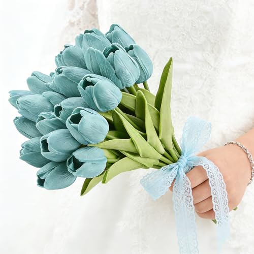 Artificial Tulips Bridal Wedding Festival Decor Bouquet Real Touch PU Flower Bouquet Pack of 20 (Turquoise) - color: Turquoise
