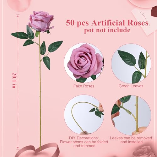 50 PCS Dusty Roses Artificial Flowers, Fake Roses with Stem Realistic Silk Roses for DIY Wedding Bouquets Tables Centerpieces Arrangements Baby Shower Birthday Home Decor Valentine's Day Gift for Her - color: Dusty Rose