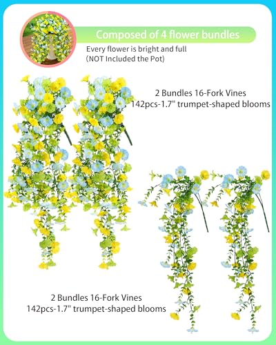 UV Resistant Cascading Artificial Hanging Flowers for Outdoors Decoration,4 Bundles NO Fade Realistic Faux Silk Plants Colorful Morning Glory for Outside Garden Yard Planter Front Porch Decor - color: Blue Green Yellow
