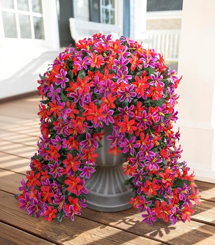 Ivydale Artificial Lily Flowers for Outdoors Fake Hanging Flower Vines for Outside Decoration, UV Resistant 2PCS Faux Plants for Patio Porch Balcony Garden Yard, Mixred - color: Fuchsia & Red