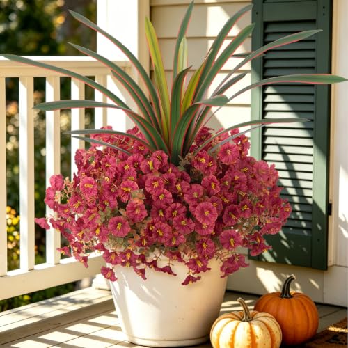 Artificial Flowers for Fall Outdoors Fake Plants Outside, 12 Bundles Silk Morning Glory with Eucalyptus UV Resistant Realistic Faux Flowers for Porch Planter Garden Patio Decor (Reddish Brown) - color: Reddish Brown