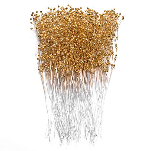 60 Pieces Pearl Stick Stems Bouquets, 4mm Bead String Garland Beaded Spray Filler Floral Arrangements Tree Picks Wedding Party Decoration, Mother's Day Flower Decor, Christmas Tree Picks (Gold) - color: Gold