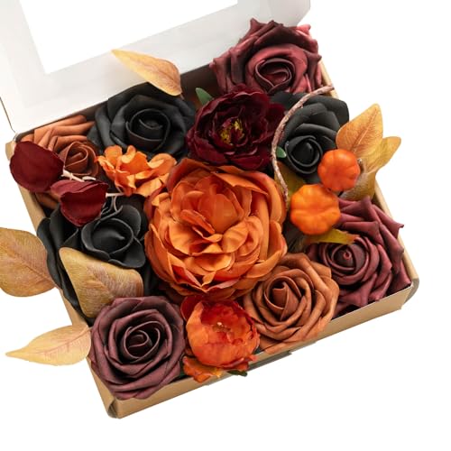 Ling's moment Fake Flowers Box, Faux Artificial Greenery Stems Foam Roses Silk Peony Eucalyptus Fabic Flower for Centerpieces Bouquet Wedding Vase Floral Decorations, Black & Orange, Mini Combo - color: Black & Orange