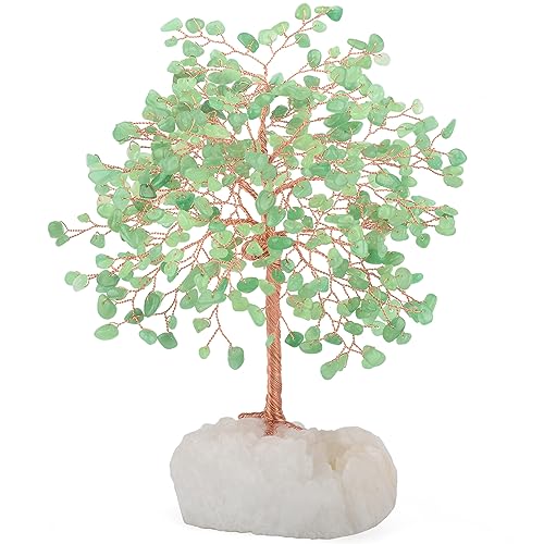 Crystal Tree of Life,Natural Green Aventurine (406 Gemstone Count) Clear Quartz Cluster Base,Chakra Positive Energy FengshuiGood Luck Home Decor,Gift Size 8.5-9 Inches - color: Aventurine Tree With Quartz Base