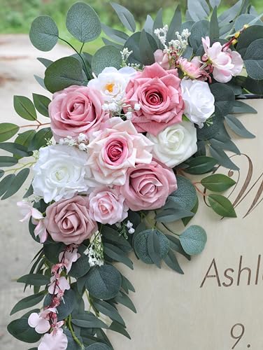 ponatia Artificial Wedding Arch Flowers Set of 2, Dusty Rose Pink & Ivory Floral Swags for Welcome Signs, Ceremony Arches, Reception Backdrops and Wedding Decor - color: Dusty Rose & Pink & Ivory