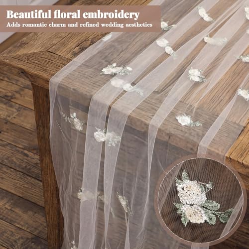 Boao 1 Pcs Eucalyptus Flower Table Runner Embroidery Tulle Summer White Rose Table Runner 120 Inch 10 ft Dining Decoration for Wedding Baby Shower Bridal Shower Home Decor Birthday Party (Champagne) - color: Champagne, size: Eucalyptus