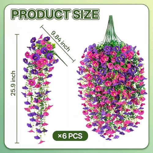 Artificial Hanging Flowers for Outdoors, 6 PCS Silk Morning Glory Artificial Flowers with Eucalyptus Leaves, UV Resistant Fake Flower Realistic Faux Plants for Home Patio Porch Garden, Purple+Fuchsia - color: Purple+fuchsia