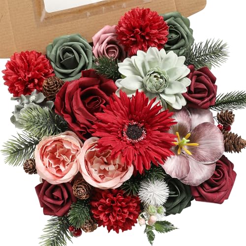 YYHUAWU Artificial Christmas Flowers Combo Box Set Fake Flowers Leaf with Stems for DIY Tree Ornaments Xmas Wreath Floral Arrangements Centerpieces - color: Chrismas Pink＆red