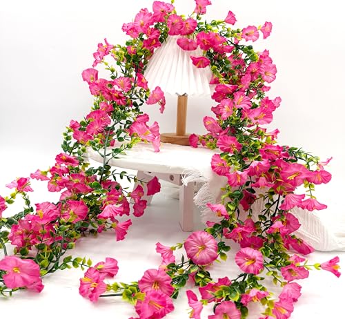 Artificial Flowers Garland 2PCS Pink Artificial Silk Morning Glory Vine Artificial Flowers Hanging Eucalyptus Garland for Wall Fence Arch UV Protected Indoor Outdoor Decor - color: Pink