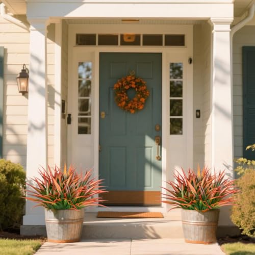 Ouddy Decor 20 Pcs Fake Outdoor Plants Artificial Grass Greenery Stems Faux Plastic Plants UV Resistant for Spring Summer Indoor Outside Garden Planter Pathway Porch Patio Window Home Decor, Orange - color: Orange