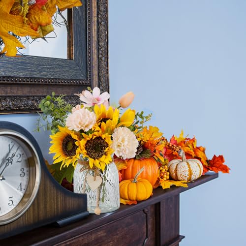 Leftover Fake Flowers in Vase, Artificial Sunflower Bouquets with Flower Arrangement Holder, Table Centerpieces for Dining Room, Faux Silk Sunflowers, Carnations and Tulips Arrangement - color: Pink