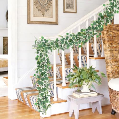 Betylifoy 2 Pcs Artificial Eucalyptus Garland 12FT Faux Silver Dollar Eucalyptus Leaves Garlands Hanging Vines Fake Greenery Garland with Flowers for Wedding Party Table Runner Home Mantle Decor - size: 2pcs