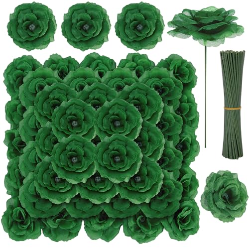 LELEE Rose Head Flowers with Stem - 108pcs Emerald Green Rose Artificial Flowers Bulk - Silk Roses Fake Flower for Wedding Bouquet Party Home Decor DIY Centerpieces Tables St Patrick's Day Decoration - color: Green
