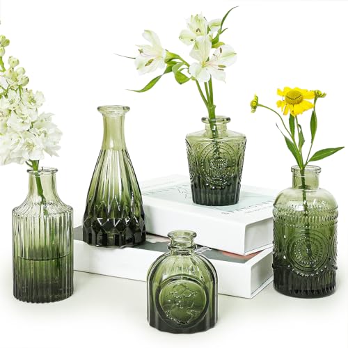 SUPMIND Glass Bud Vase Set of 5, Green Small Flower Vases for Centerpieces in Bulk, Mini Vintage Vase for Rustic Wedding, Home,Table Decoration - color: Green, size: 5Pcs